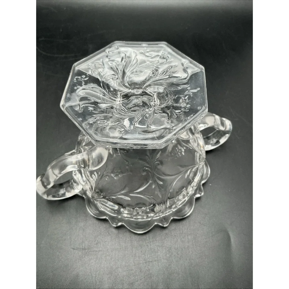 Vintage EAPG Glass Open‎ Sugar Bowl, Scalloped Edge, Etched Flower